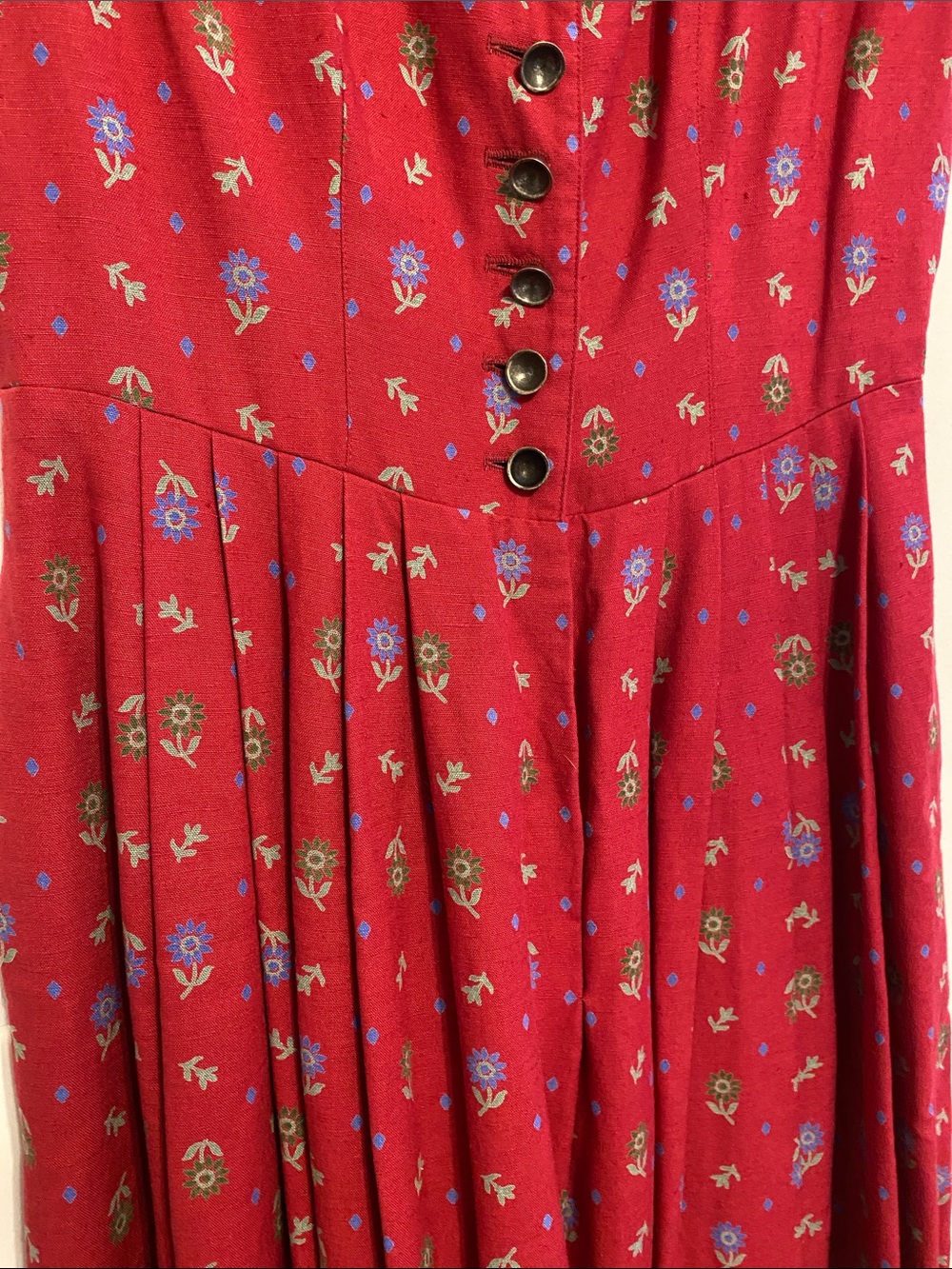 Red Floral Maxi Dirndl Dress with Button Front, traditional German dress - Picture 3 of 11